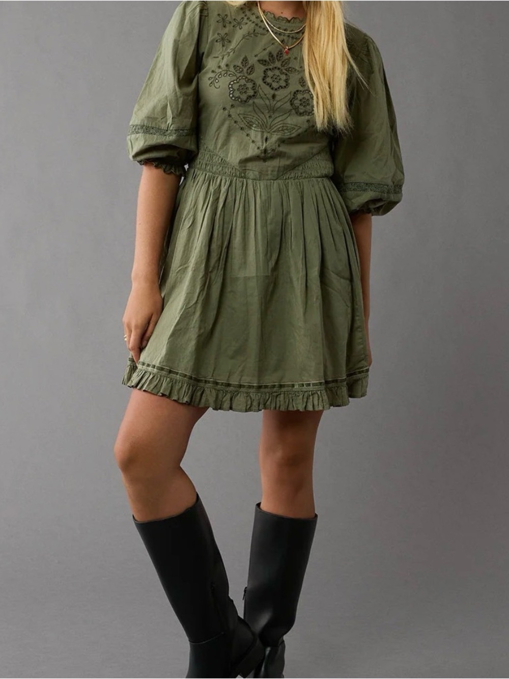 American Eagle Outfitters Olive Green Embroidered Puff-Sleeve Mini Dress